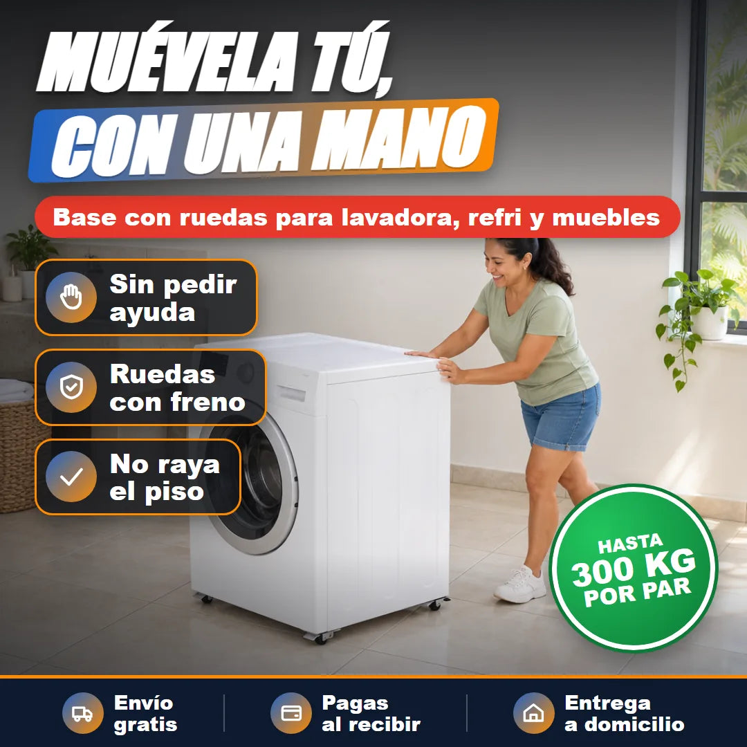 Mujer moviendo la lavadora con una mano sobre la base con ruedas