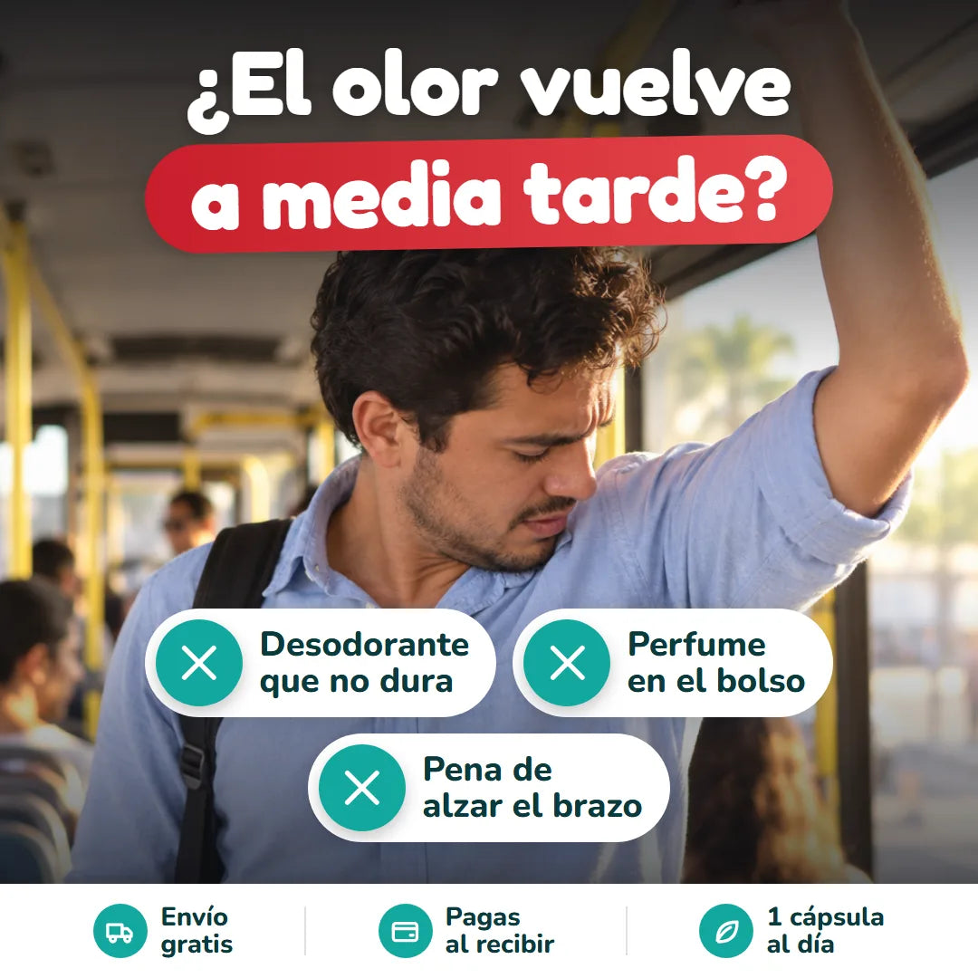 Hombre en el bus revisando con disimulo el olor de su axila a media tarde