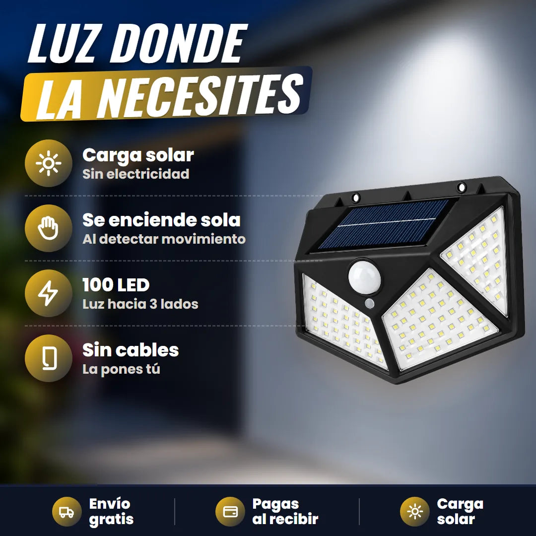 Lámpara solar con sus beneficios: carga solar, se enciende sola, 100 LED a 3 lados, sin cables