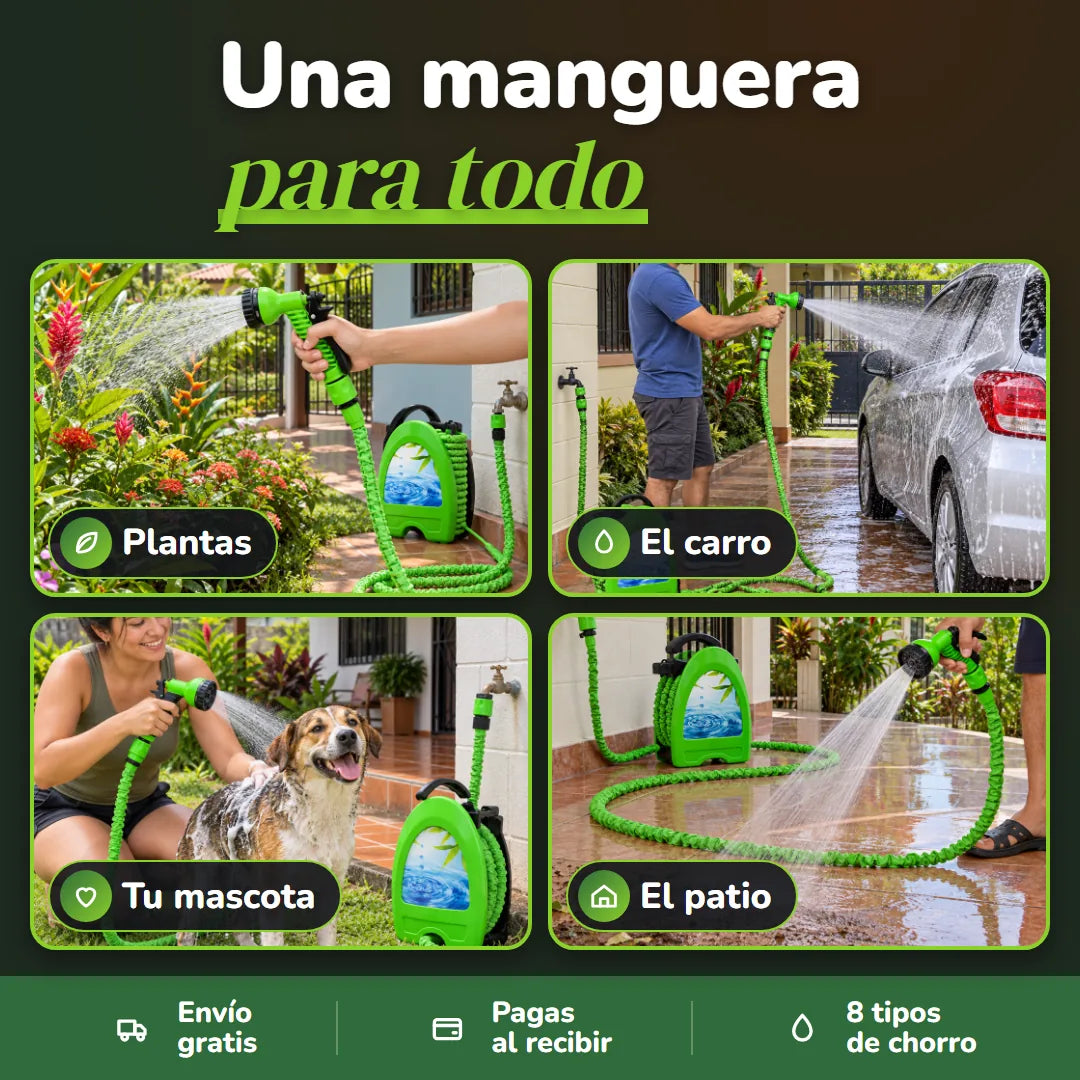La manguera regando plantas, lavando el carro, bañando a un perro y lavando el patio