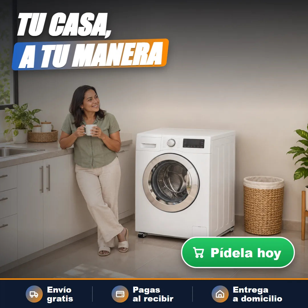 Mujer tranquila en su cocina con la lavadora sobre la base