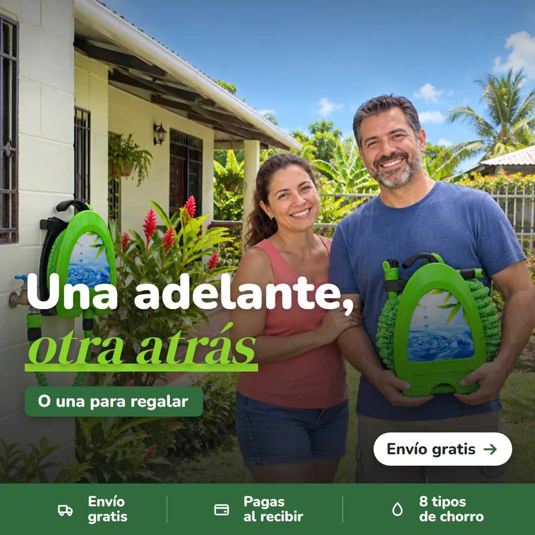 Pareja en el jardín con un set en la pared y otro en las manos
