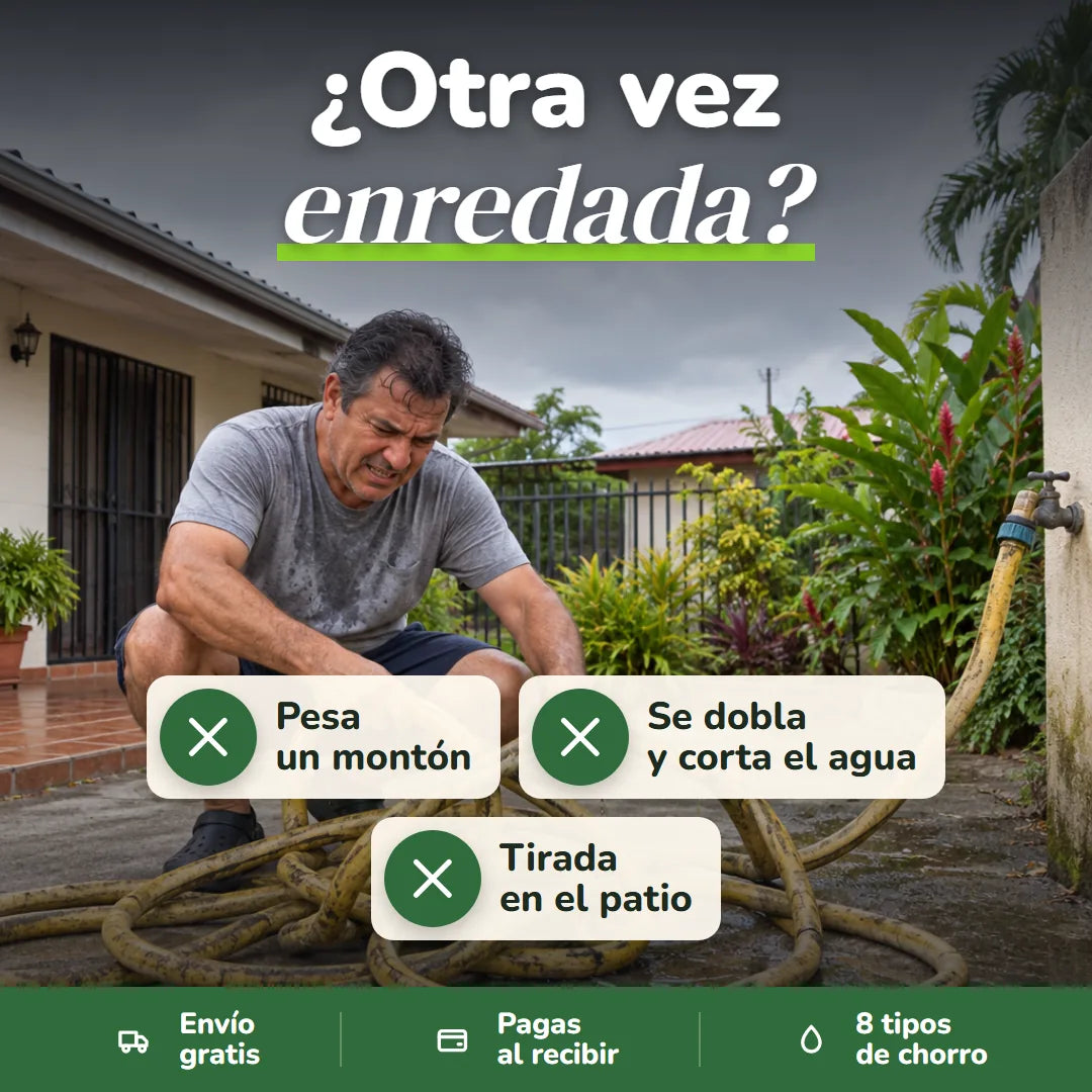 Hombre intentando desenredar una manguera vieja de hule en el patio