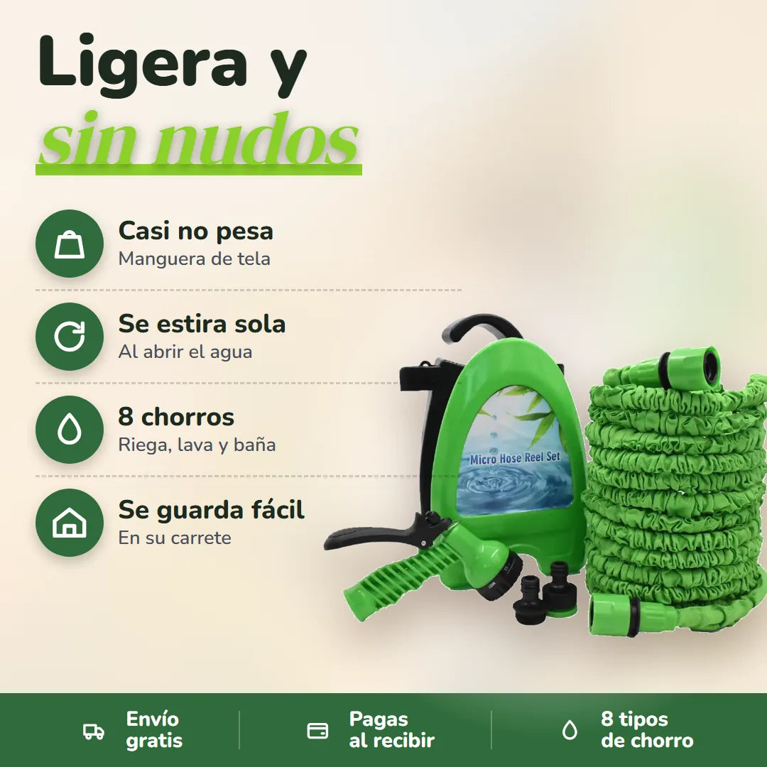 El set de manguera con carrete y sus beneficios: casi no pesa, se estira sola, 8 chorros, se guarda fácil