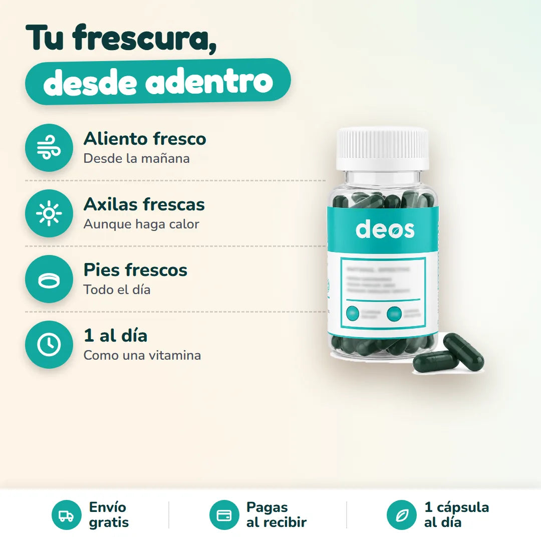 Frasco de DEOS con sus beneficios: aliento, axilas y pies frescos, 1 cápsula al día
