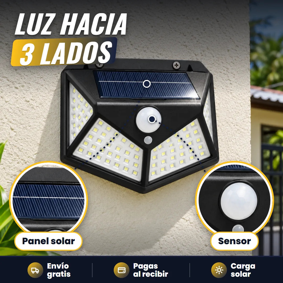 Detalle de la lámpara: panel solar, sensor y luz hacia 3 lados