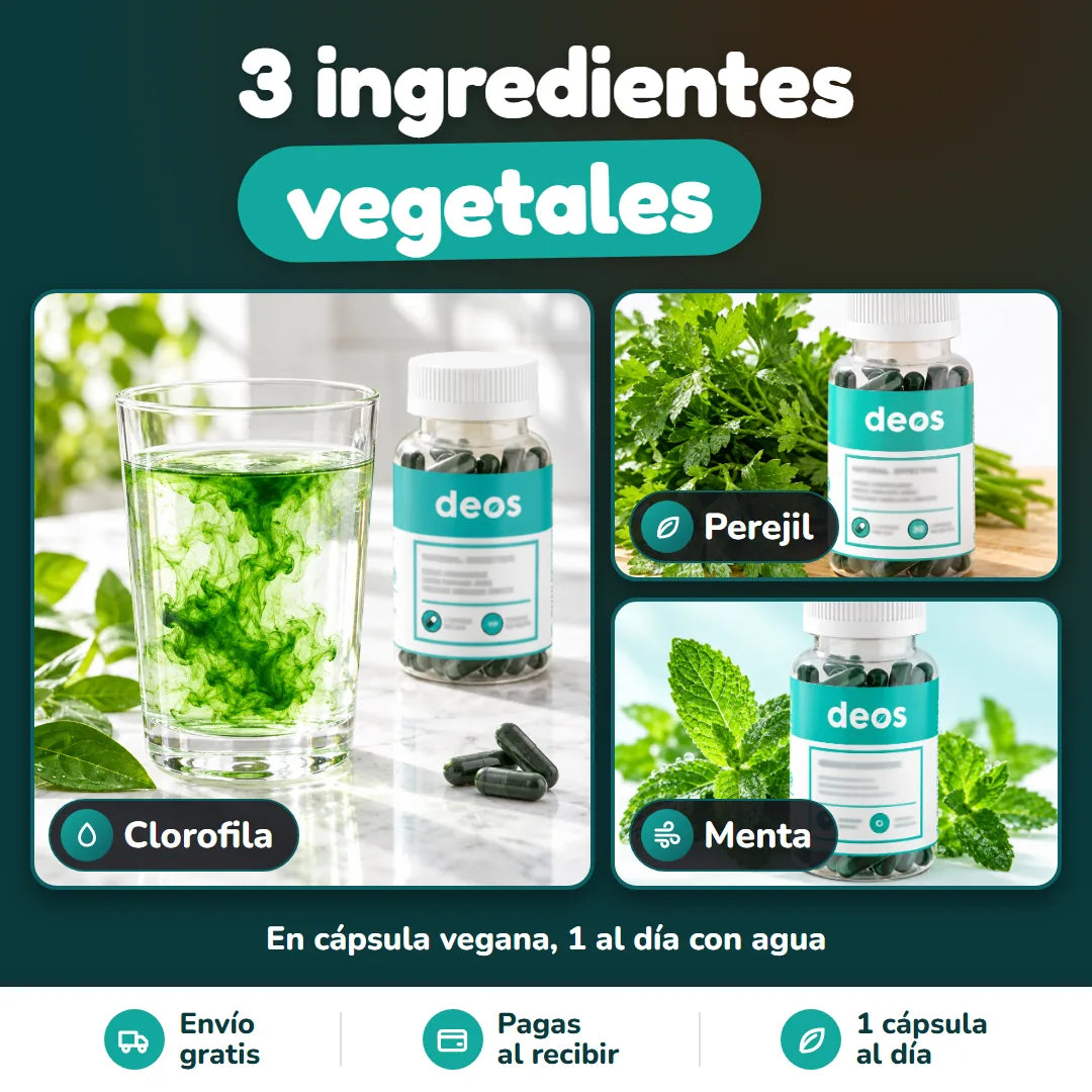 Los 3 ingredientes de DEOS: clorofila, perejil y menta