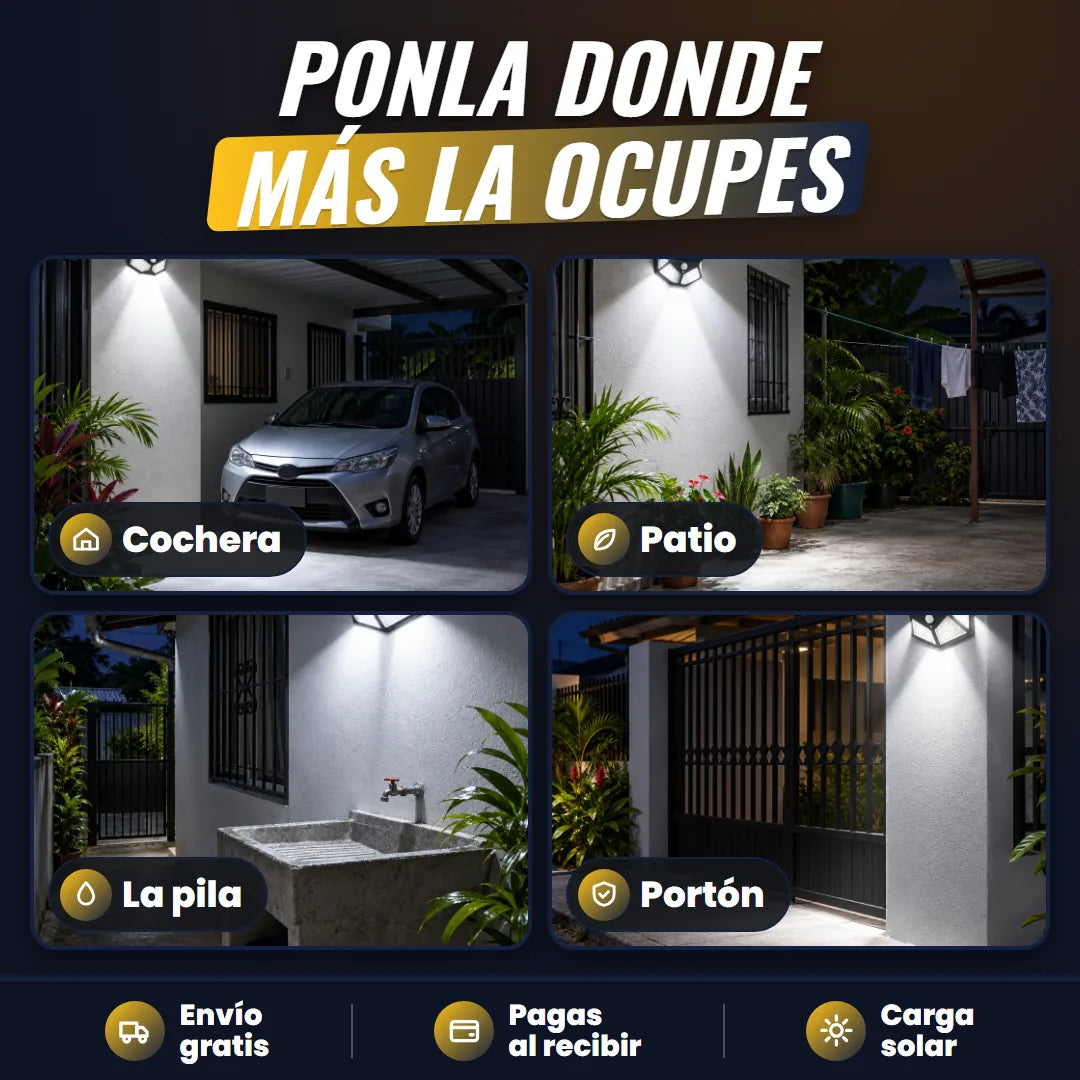 La lámpara iluminando cochera, patio, pila y portón