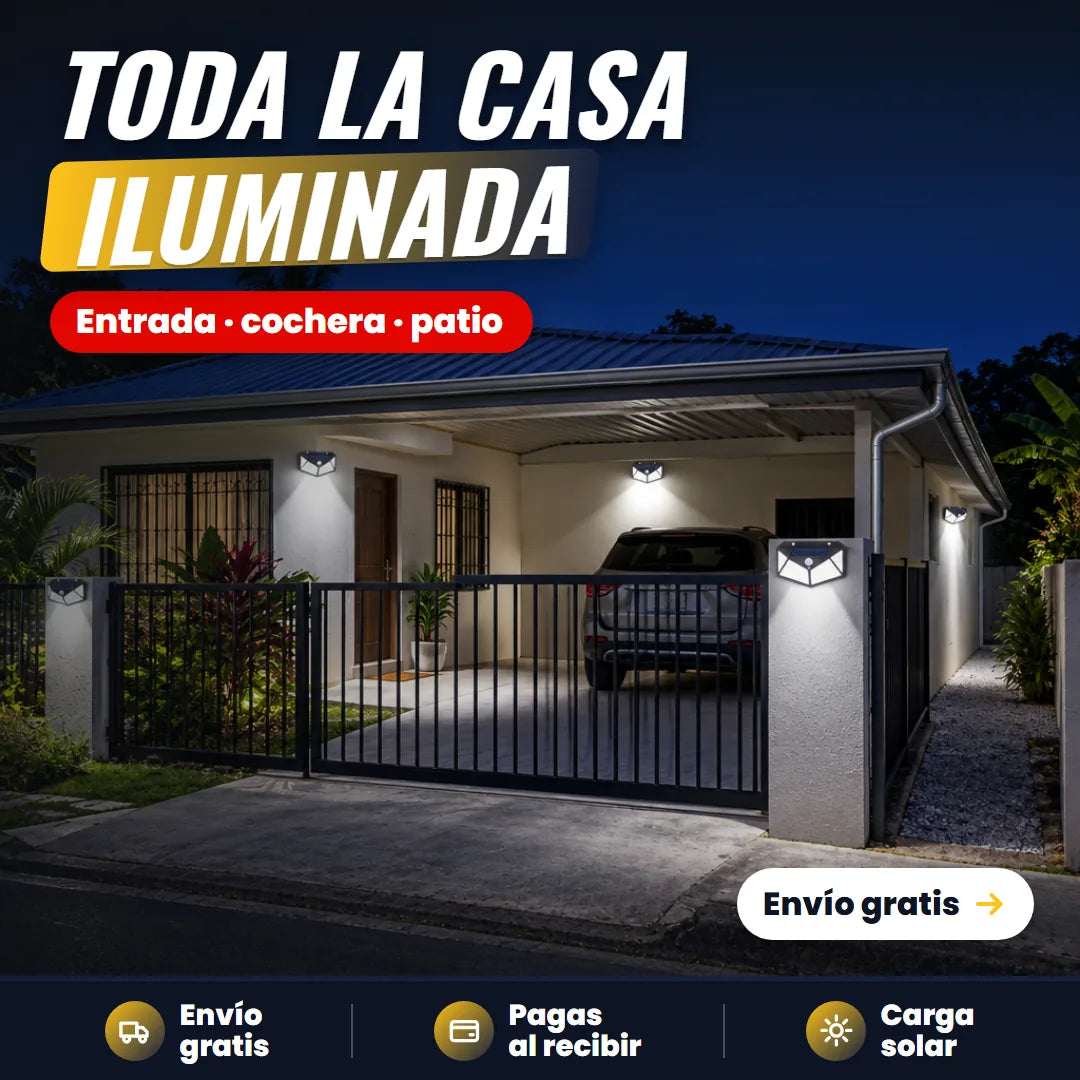 Casa de noche con varias lámparas solares encendidas en entrada, cochera y patio