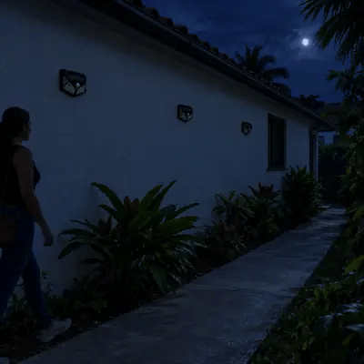 De noche, una mujer camina junto a la pared y las lámparas solares se encienden una a una al detectarla