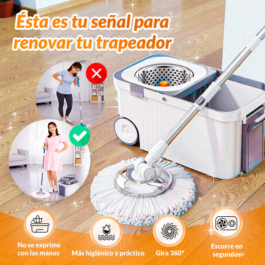 TRAPEADOR PRO | 2 Mopas lavables + Balde con Ruedas